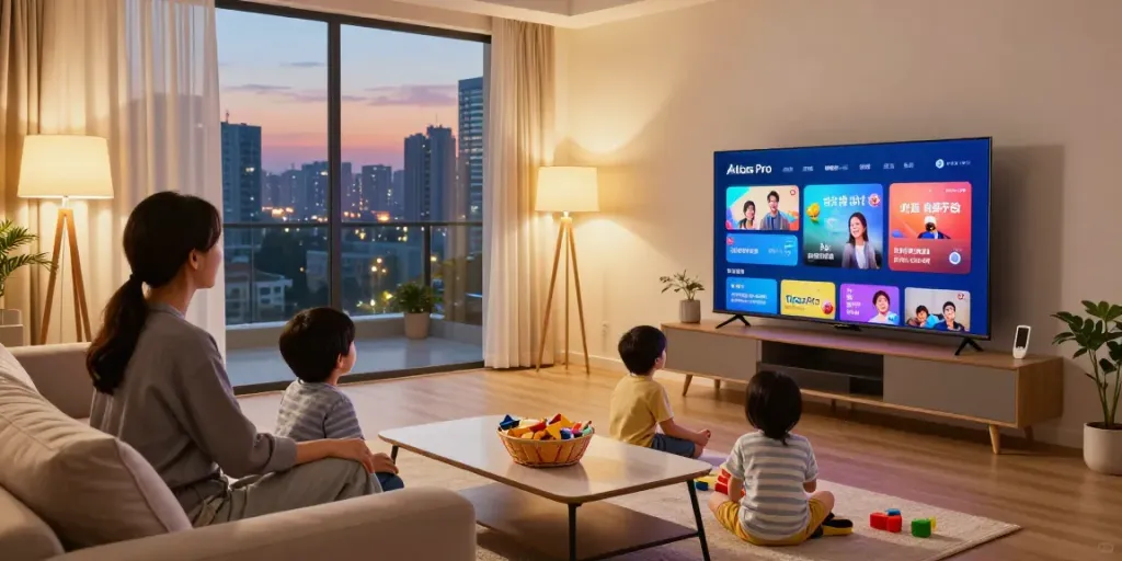 Scène familiale amusante avec Atlas pro ontv diffusé sur un téléviseur intelligent dans un salon moderne.