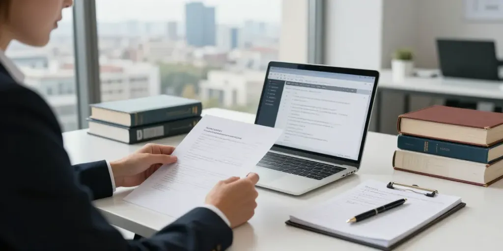 Maître Clara Anidjar at her professional workspace, focusing on tenant issues with Mon Avocat Bailleur services.