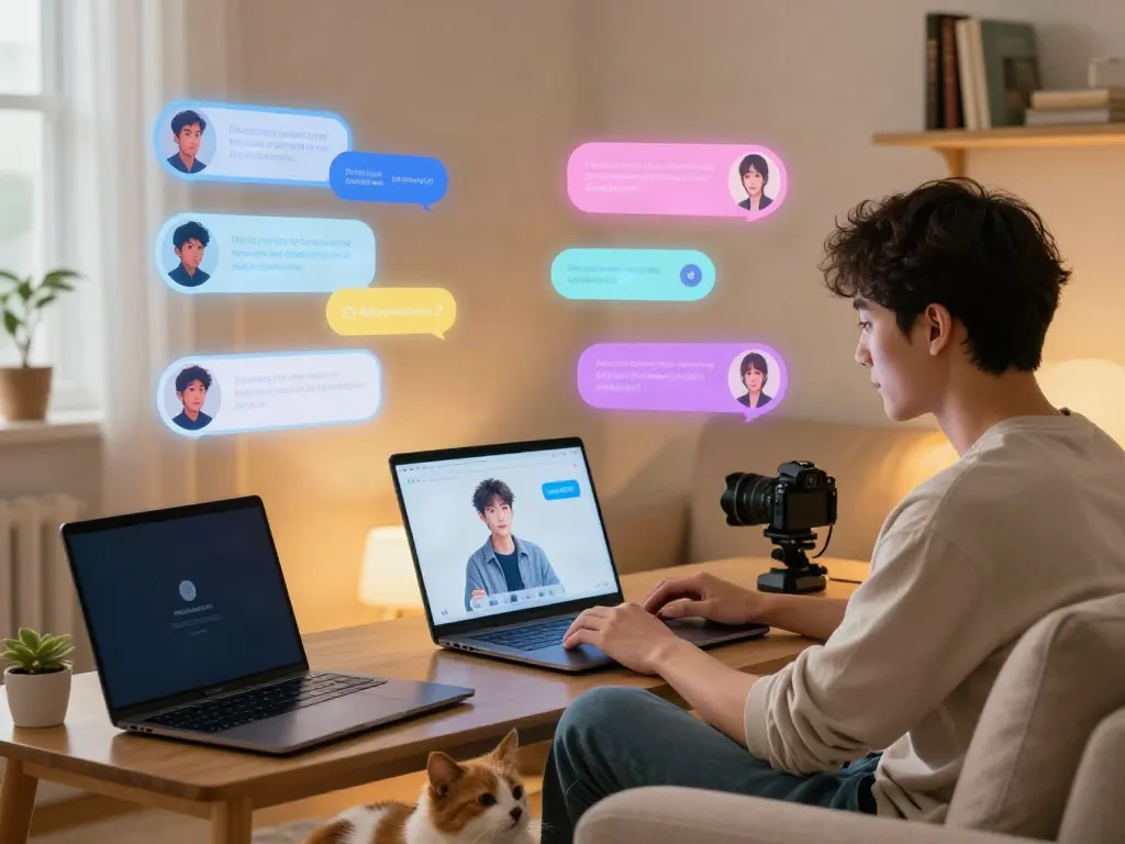 Engaging online conversation with Crush On AI character on a modern laptop in a cozy setting.