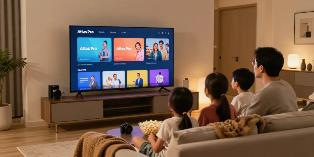 Une famille utilisant l'application atlas pro ontv pour une soirée cinéma.