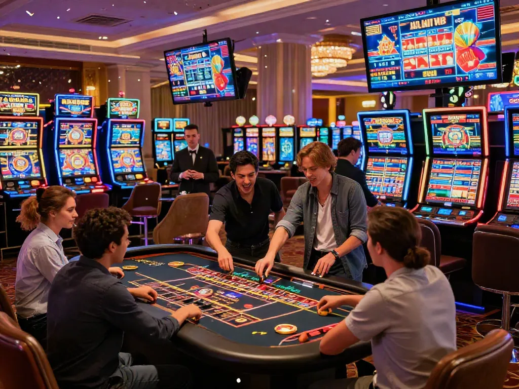 Scène de jeu dans un casino en ligne avec des joueurs enthousiastes sur https://studiobarw.com/, illustrant une expérience immersive et festive.