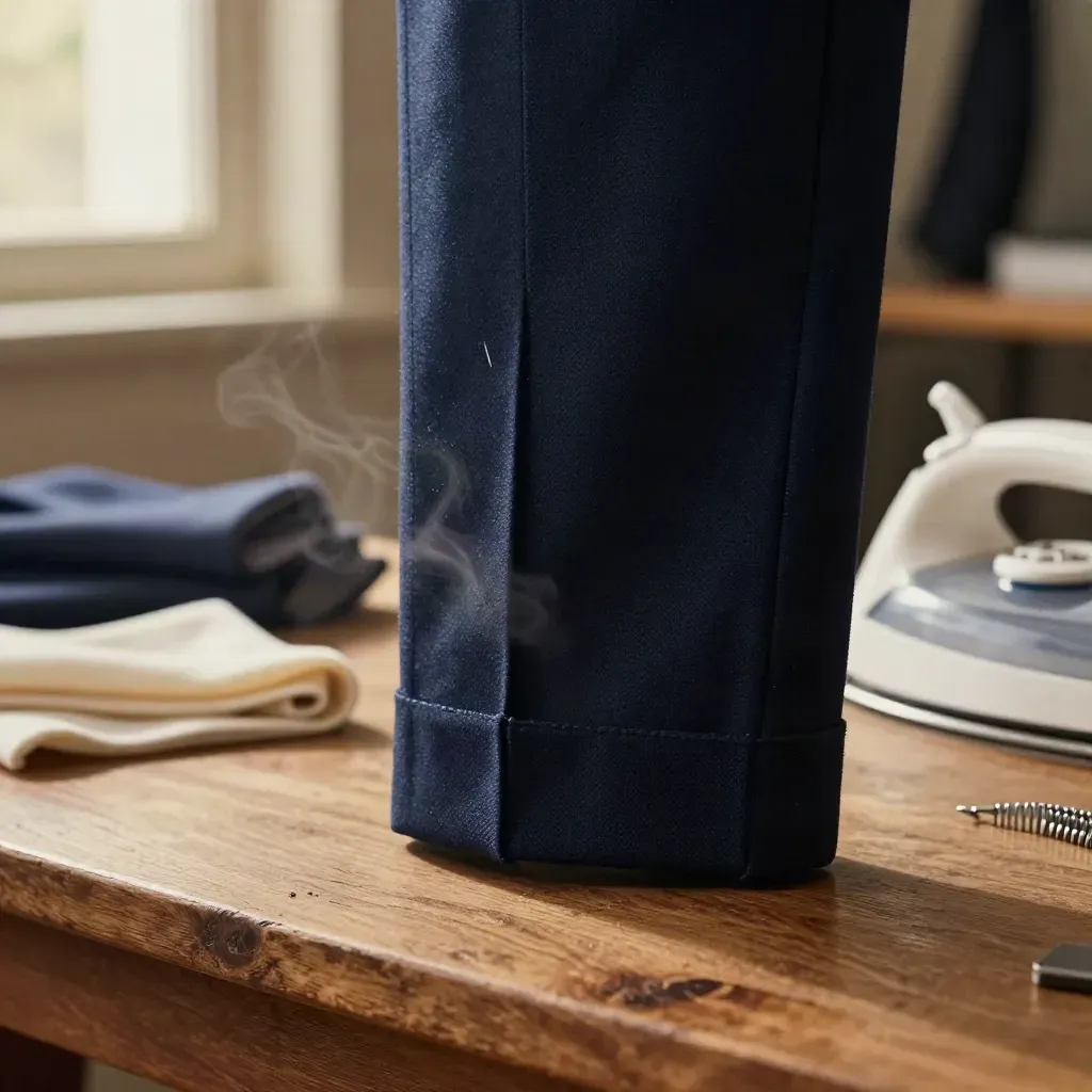 Ourlet de pantalon en laine marine pressé, avec fer à vapeur et épingles sur table d’atelier.