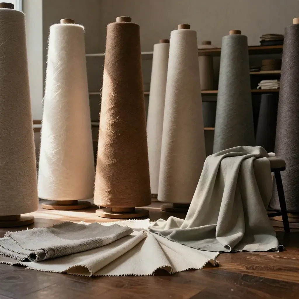 Rouleaux de lin, laine et viscose, échantillons ouverts et drapé sage dans un atelier couture.