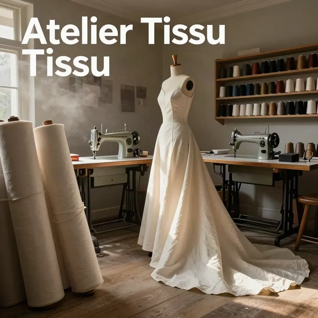 Atelier couture dramatique avec robe ivoire, machine ancienne, rouleaux de lin et bobines