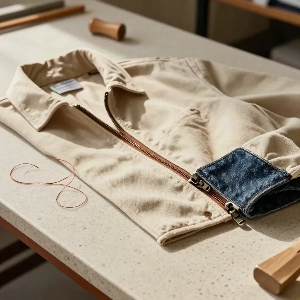 Veste beige réparée sur travertin, zip remplacée, patch denim et fils coupés.