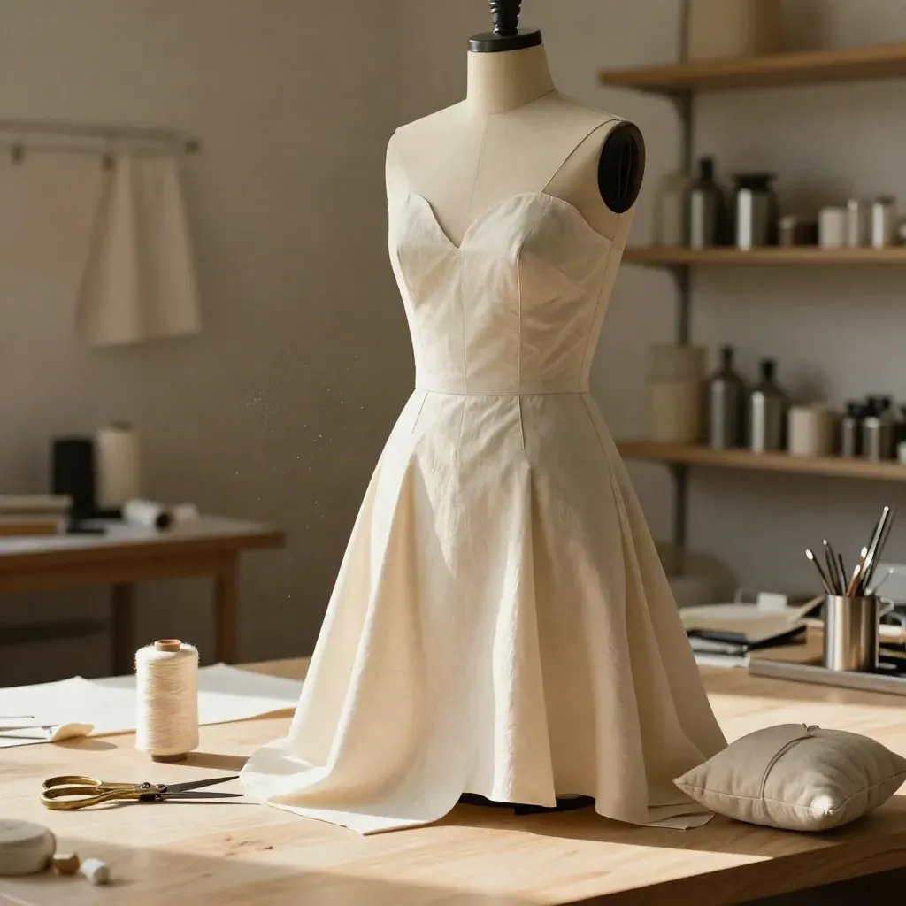 Robe midi écrue sur buste tailleur, jupe d’essai et chutes de tissu dans un atelier lumineux.