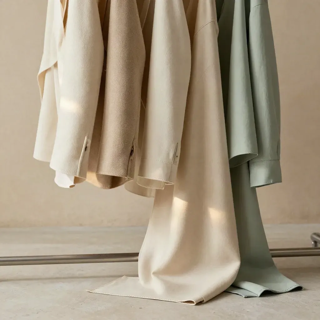 Cinq pièces textiles coordonnées sur un portant minimal, avec échantillons pliés au sol.
