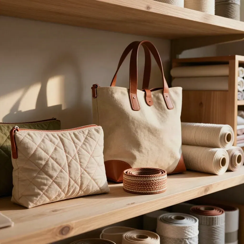 Pochette matelassée, sac en toile et ceinture textile sur étagère d’atelier en bois clair.
