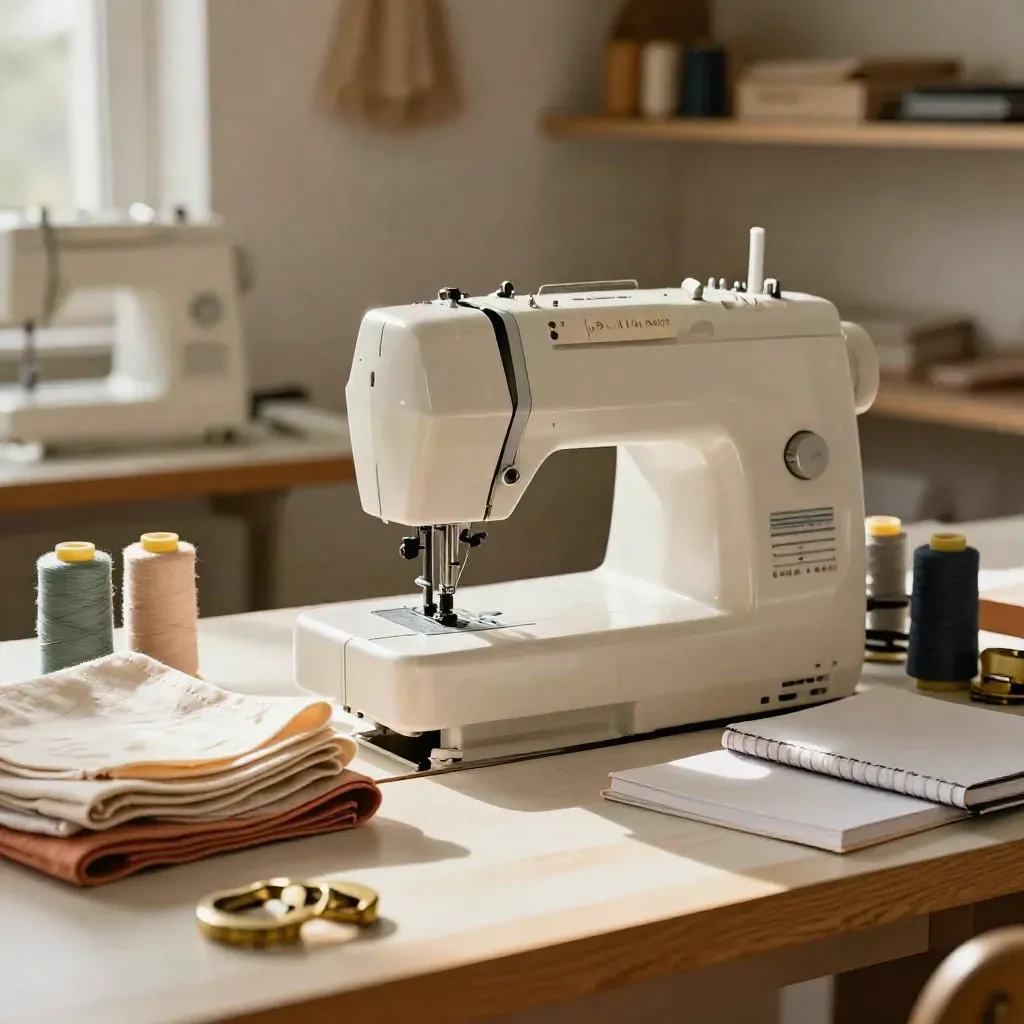 Machine à coudre et accessoires prêts pour un cours de couture dans un atelier lumineux.