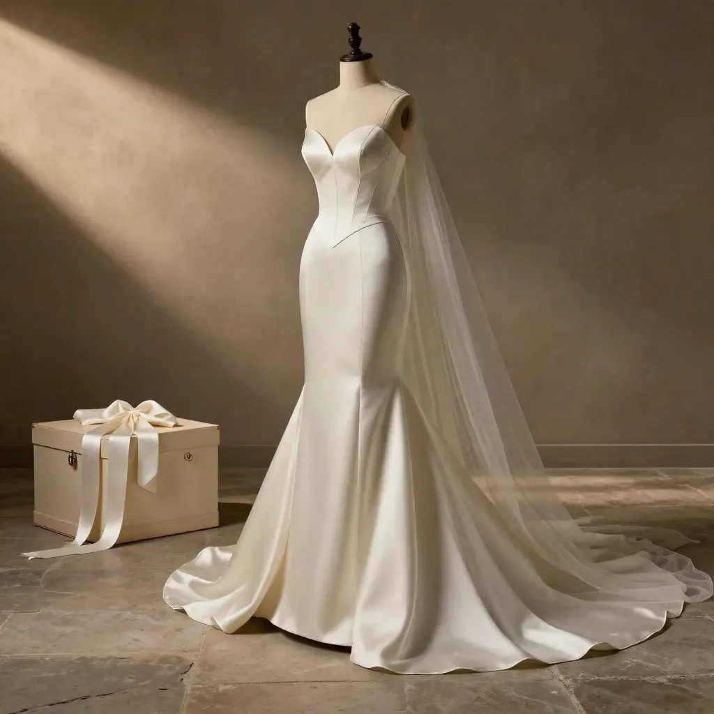 Robe de mariée ivoire sur buste, traîne déployée, voile léger et boîte de conservation neutre.