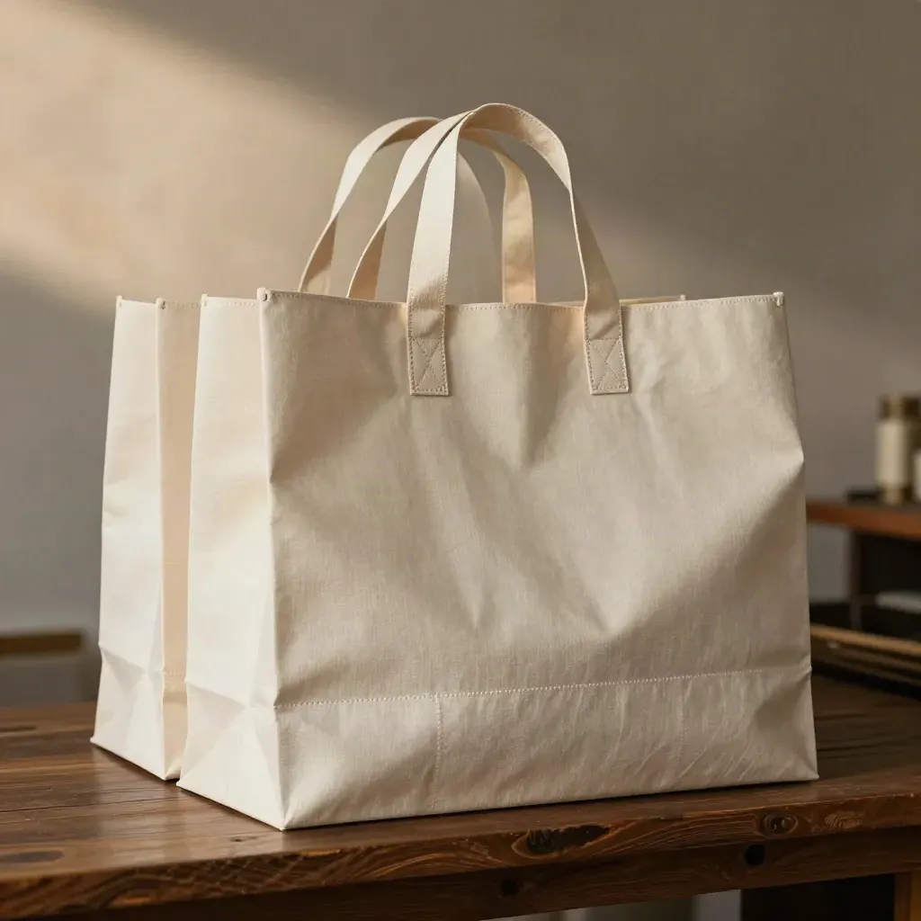 Pile de sacs boutique en textile épais sur étagère, finitions solides et lumière douce.