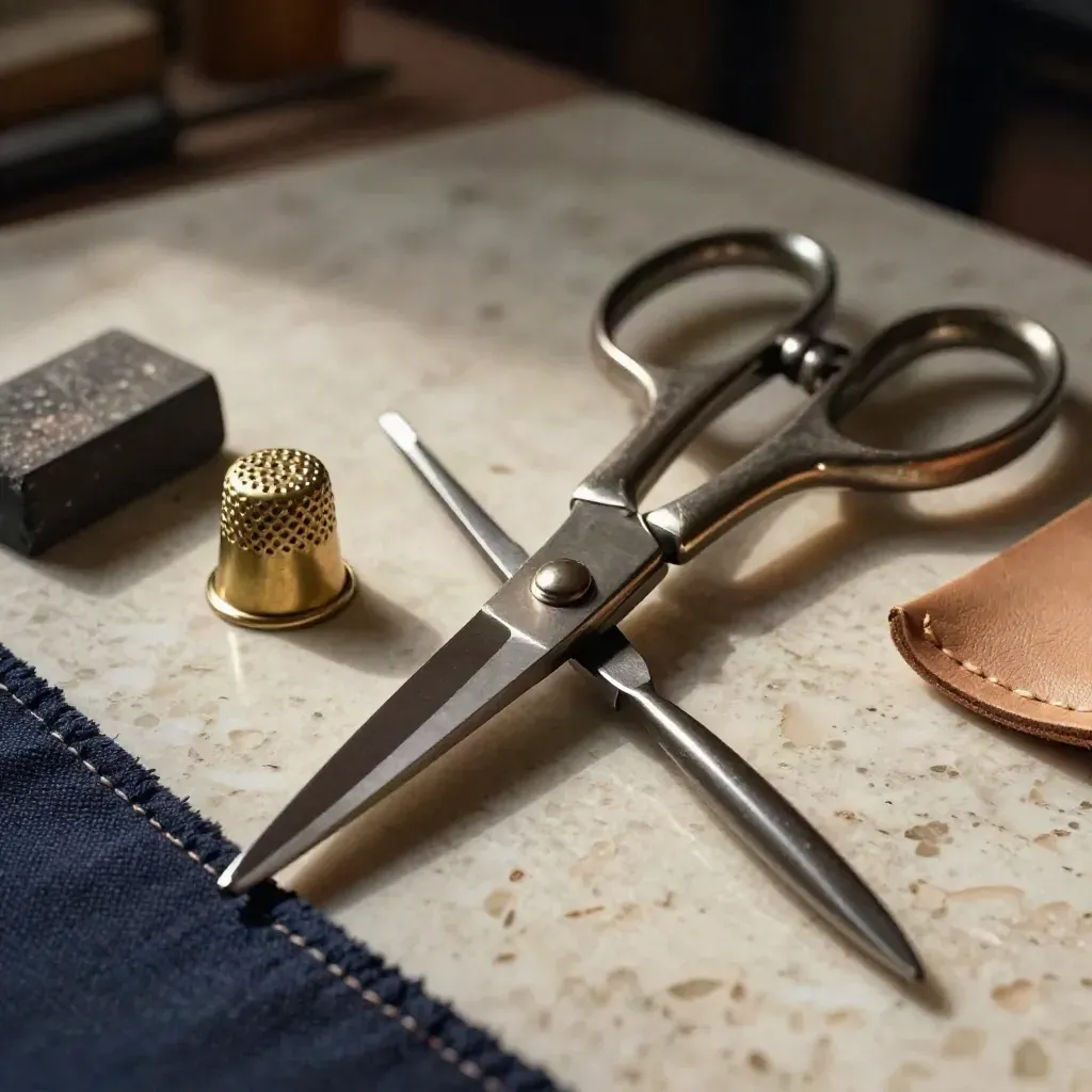 Ciseaux de tailleur, craie, dé à coudre, poinçon et cuir sur travertin, lumière dramatique.