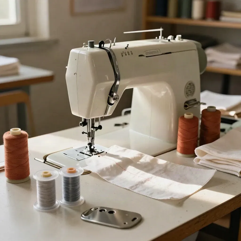 Machine à coudre, canettes, chutes de tissu et cônes de fil dans un atelier textile.