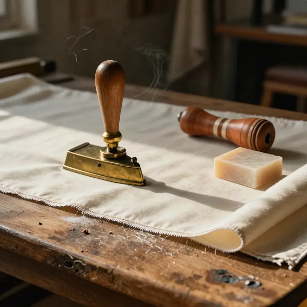 Natures mortes d’atelier couture avec fer miniature, rouleau de manche et ourlet de soie pressé.