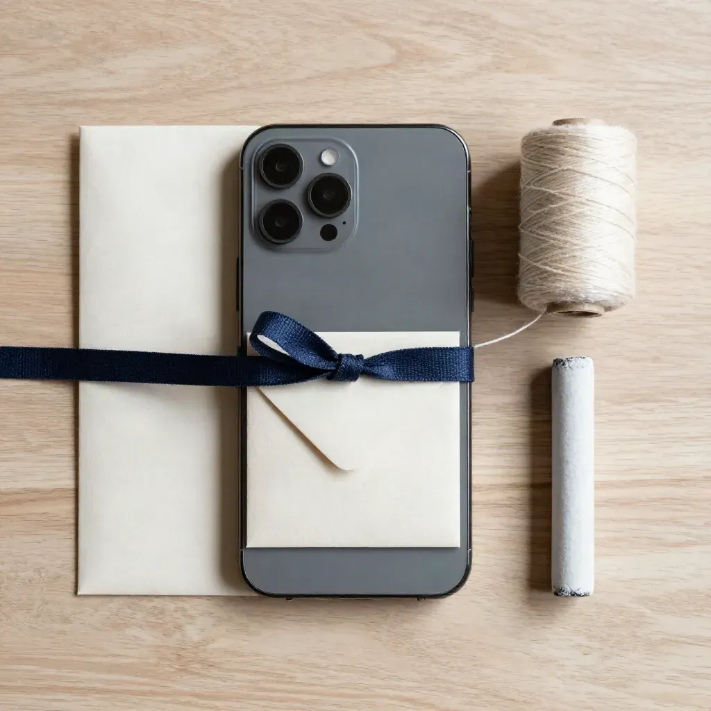Vue zénithale d’un smartphone, petite enveloppe, ruban de coton, fil et craie tailleur sur bois clair.