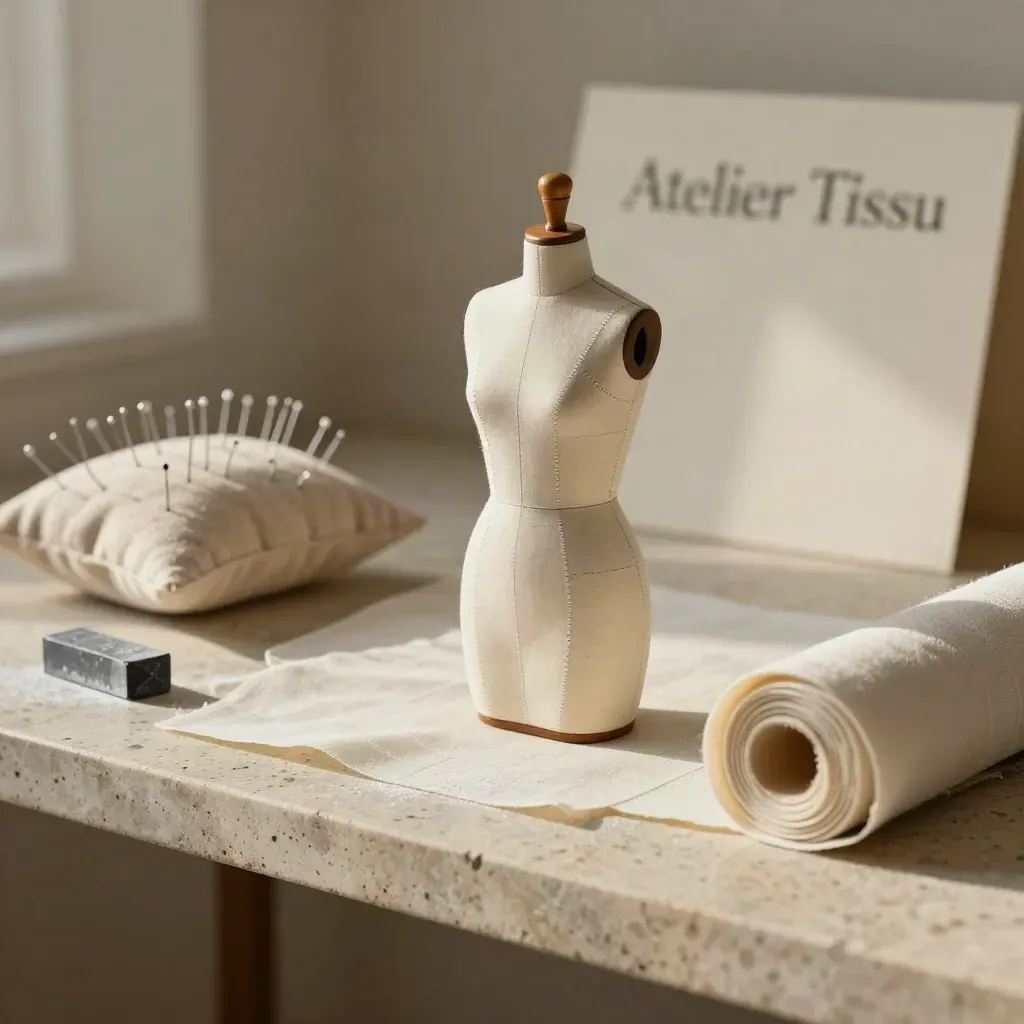 Mini buste tailleur, coussinet à épingles, craie et rouleau de toile sur une étagère en pierre.