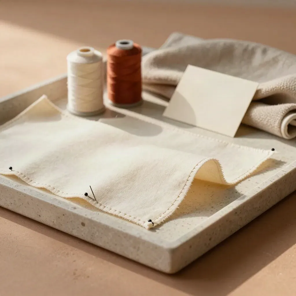 Vue rapprochée de couture en cours sur plateau de travertin, tissu écru, bobines, épingles et chute piquée.