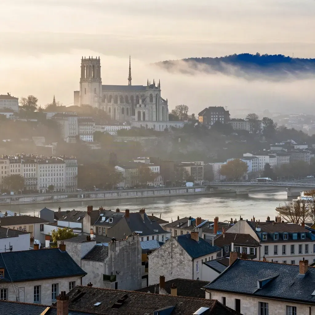 Lyon à l’aube, basilique Fourvière dans la brume au-dessus de la Saône calme.