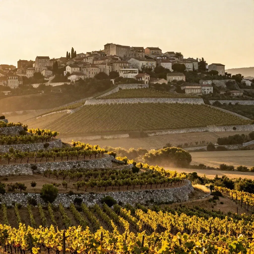Pentes du Beaujolais au couchant, vignes dorées et village perché sur une crête.