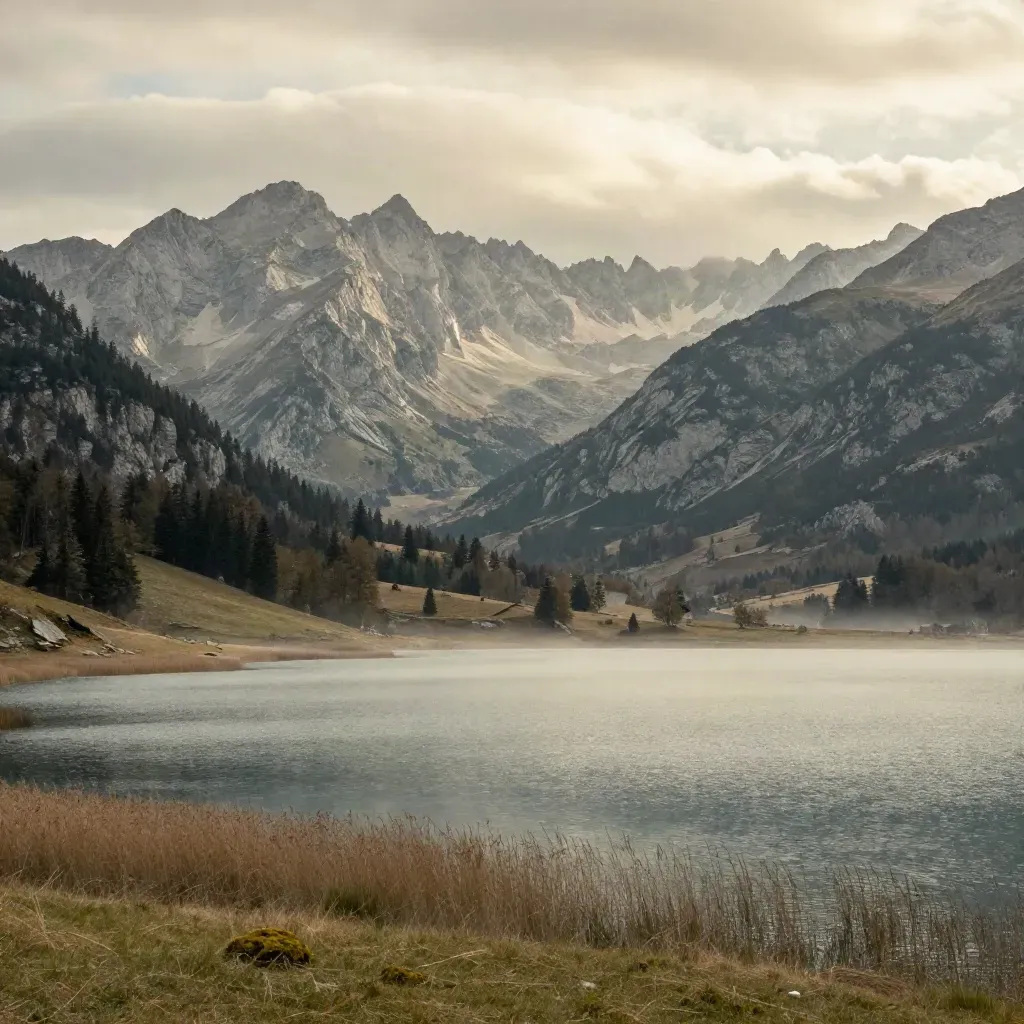 Lac alpin, montagnes d’Isère et Savoie, nuages bas sur les sommets.