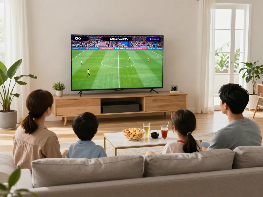 Famille profitant de l'application atlas pro iptv dans un salon moderne