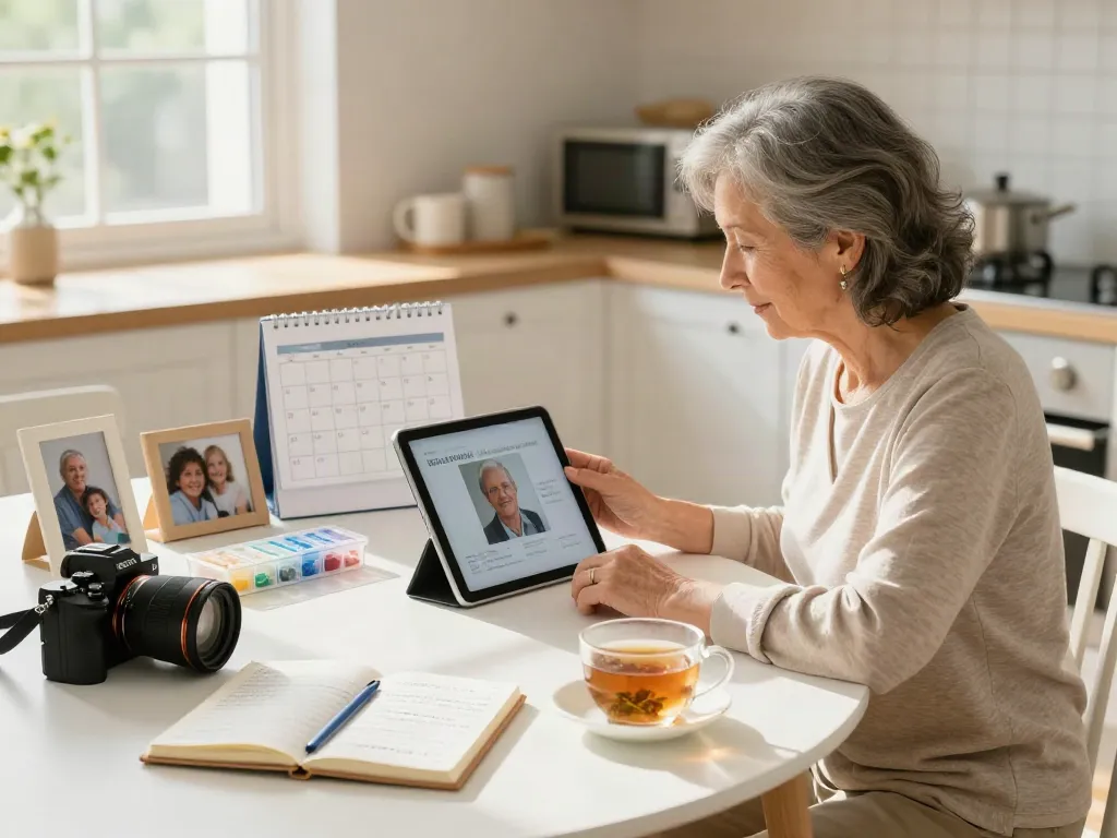 Gestion du suivi personne âgée à domicile par une aidante familiale, tablette et organisation des soins.